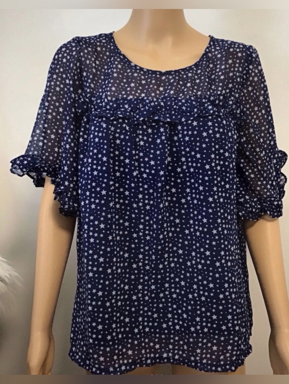 Navy Star Print Ruffle Sleeve Blouse XXl
